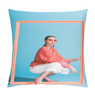 Personality  Fashionable Girl In Living Coral Clothing And Sunglasses Posing With Big Frame On Blue Pillow Covers