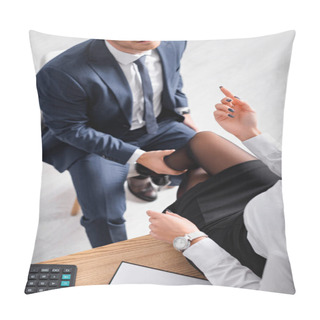 Personality  Cropped View Of Passionate Businesswoman Sitting On Desk And Showing Come To Me Gesture To Young Colleague Pillow Covers