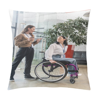 Personality  Inclusion Concept, Happy Woman Holding Coffee And Talking With Disabled Colleague In Wheelchair Pillow Covers