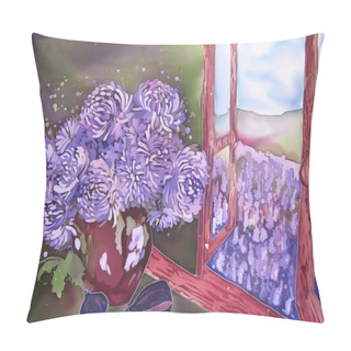 Personality  Purple Flowers Near The Window With Purple Field. Painting. Pillow Covers