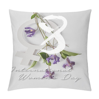 Personality  Top View Of Violet Flowers And Venus Sign On White Background, International Womens Day Illustration  Pillow Covers