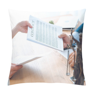 Personality  Close-up Partial View Of Lawyer And Client Holding Contract  Pillow Covers