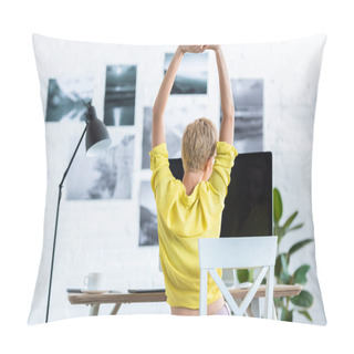 Personality  Rear View Of Businesswoman Doing Stretch With Two Raised Arms  Pillow Covers