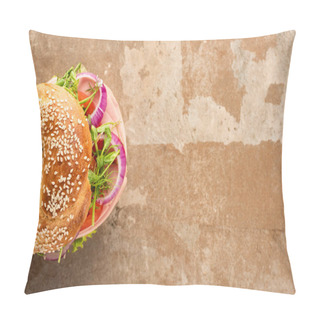 Personality  Top View Of Fresh Delicious Bagel With Sausage On Aged Beige Surface Pillow Covers
