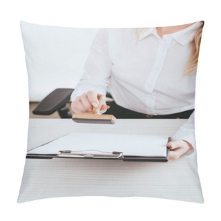 Personality  Selective Focus Of  Female Lawyer Holding Clipboard And Stamp In Hands Pillow Covers