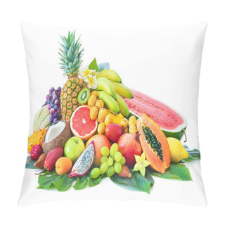 Personality  Assortment Of Tropical Fruits With Palm Leaves And Exotic Flowers Isolated On White Pillow Covers