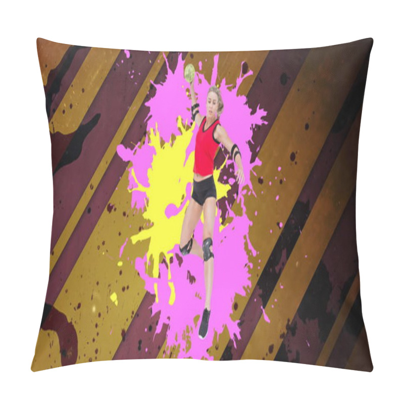 Personality  Image Of Caucasian Female Handball Player Holding Ball Over Colorful Stains. Sports And Competition Concept Digitally Generated Image. Pillow Covers