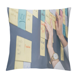Personality  Cropped View Of Businesswoman Touching Sticky Notes With Letters In Office  Pillow Covers