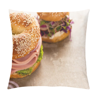 Personality  Selective Focus Of Fresh Delicious Bagel With Sausage On Textured Surface Pillow Covers