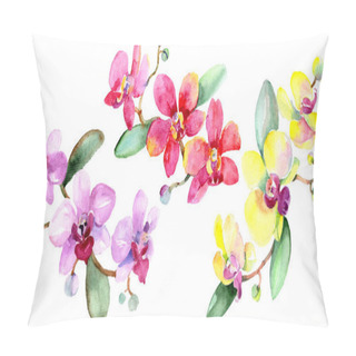 Personality  Beautiful Orchid Flowers With Green Leaves Isolated On White. Watercolor Background Illustration. Watercolour Drawing Fashion Aquarelle. Isolated Orchids Illustration Element. Pillow Covers
