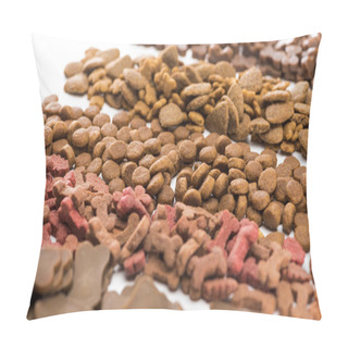 Personality  Selective Focus Of Fresh Assorted Dry Pet Food In Lines Isolated On White Pillow Covers