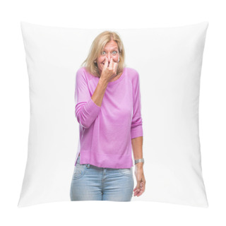 Personality  Middle Age Blonde Woman Over Isolated Background Smelling Something Stinky And Disgusting, Intolerable Smell, Holding Breath With Fingers On Nose. Bad Smells Concept. Pillow Covers