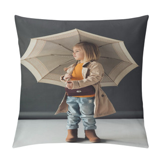 Personality  Serious Child In Trench Coat And Jeans Holding Umbrella And Looking Away  Pillow Covers