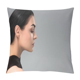 Personality  Profile Of Beautiful Young Brunette Woman Looking Away Isolated On Grey Pillow Covers