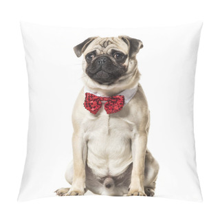 Personality  Pug In Red Bow Tie Sitting Against White Background Pillow Covers