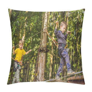 Personality  Two Little Boys In A Rope Park. Active Physical Recreation Of The Child In The Fresh Air In The Park. Training For Children Pillow Covers