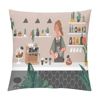 Personality  Coffee Shop Or Cafe Interior Design. Character Of Girl Barista Make Cappuccino Art And Happy Cafe Customer. Scandinavian Style Interior With Houseplants And Handwritten Quote Text. Cartoon Pillow Covers