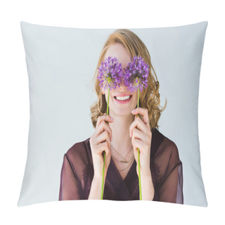 Personality  Beautiful Happy Young Woman Holding Bright Purple Flowers Isolated On Grey Pillow Covers