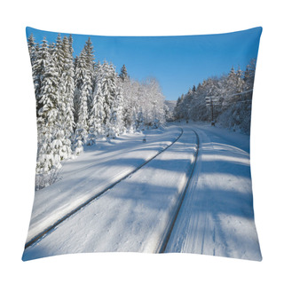 Personality  Railway Through Snowy Fir Forest And Remote Alpine Helmet In Carpathian Mountains, Snow Drifts  On Wayside Pillow Covers
