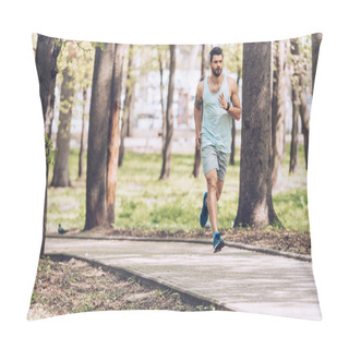 Personality  Handsome Man In Sportswear Running Along Walkway In Sunny Park Pillow Covers