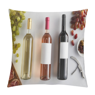 Personality  Top View Of Bottles With White, Rose And Red Wine Near Grape, Corkscrew, Olives And Sliced Prosciutto On Baguette On White Background Pillow Covers