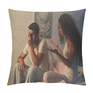 Personality  Emotional Young Woman Quarreling With Upset Boyfriend On Bed, Relationship Difficulties Concept Pillow Covers