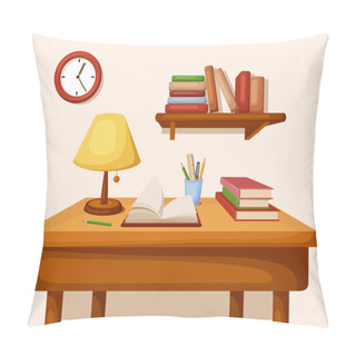 Personality  Table With Books And Lamp On It, Shelf And Clock. Vector Interior. Pillow Covers