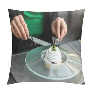 Personality  Partial View Of Woman Eating Dessert In Restaurant Pillow Covers