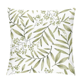 Personality  Green Leaves Branches And Flowers, Freehand Drawing In Pencil Illustration, Seamless Pattern Pillow Covers