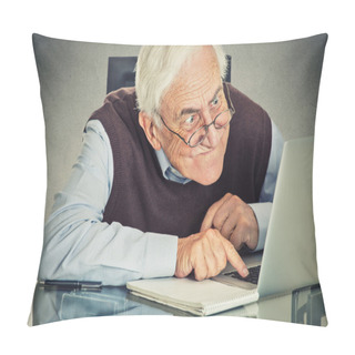 Personality  Elderly Old Man Using Laptop Computer Sitting At Table Pillow Covers