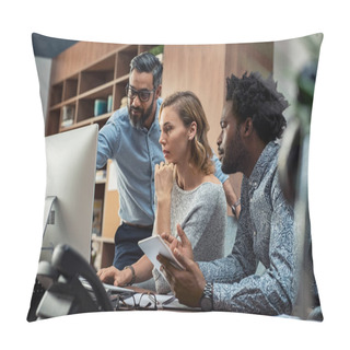 Personality  Focused Businesspeople Discussing Project While Looking At Computer Screen. Mature Manager Working With His Creative Team In A Modern Office. Multiethnic Casual Teamwork At Work. Pillow Covers