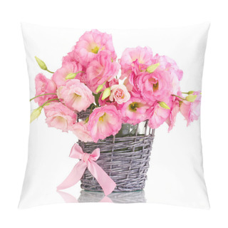 Personality  Bouquet Of Eustoma Flowers In Wicker Vase, Isolated On White Pillow Covers