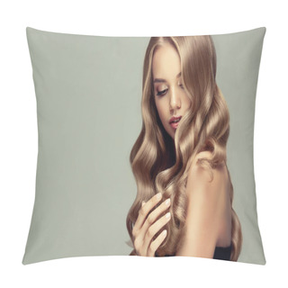Personality  Laughing Blonde Girl With Long And Shiny Wavy Hair . Beautiful Smiling Woman Model With Curly Hairstyle . Pillow Covers