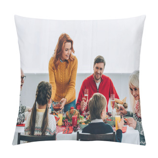 Personality  Family Talking And Sitting At Festive Table With Thanksgiving Dinner At Home Pillow Covers