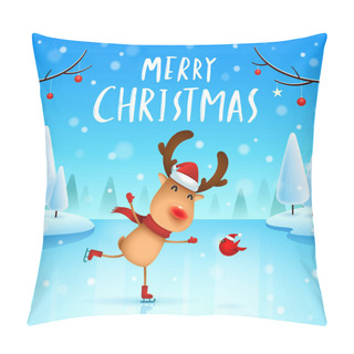 Personality  Merry Christmas! The Red-nosed Reindeer On Skates In Christmas Snow Scene Winter Landscape. Pillow Covers