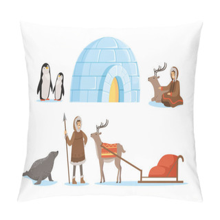 Personality  Wild North Arctic People And Animals Vector Illustrations Set Pillow Covers