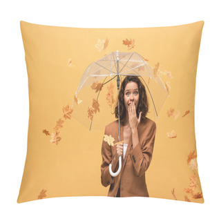 Personality  Shocked Curly Woman In Brown Jacket Holding Umbrella In Falling Golden Maple Leaves Isolated On Yellow Pillow Covers