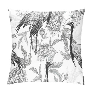 Personality  Floral Seamless Pattern With Cranes And Flowers Peonies. Black A Pillow Covers