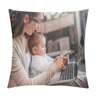 Personality  Mother With Her Son Using Laptop Pillow Covers