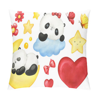 Personality  Panda Sleeping On The Moon Hand Drawn Watercolor. Cute Little Panda Isolated On White Background. High Quality Illustration Pillow Covers