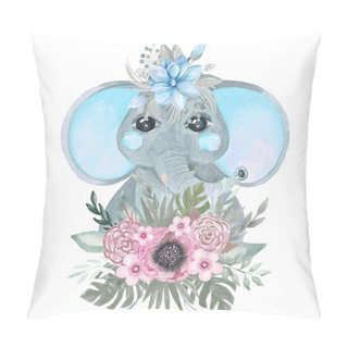 Personality  Cute Elephant In A Wreath Of Flowers Poster For Childrens Room, Baby Shower, Wall Art. Botanical Arrangement Pillow Covers