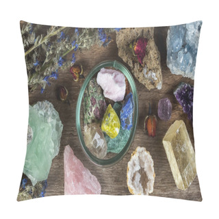 Personality  Alternative Crystal Healing Therapy Concept. Stones And Minerals Set Up On The Wooden Table With Dry Flowers. Gemstones For Esoteric Spiritual Practice Or Witchcraft  Pillow Covers