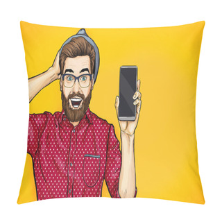 Personality  Attractive Smiling Hipster In Specs With Phone In The Hand In Comic Style. Pop Art Man In Hat Holding Smartphone. Digital Advertisement Male Model Showing The Message Or New App On Cellphone.  Pillow Covers