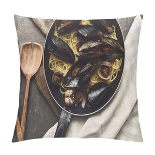 Personality  Top View Of Delicious Pasta With Mollusks And Mussels In Frying Pan On Wooden Cutting Board Near Napkin And Spatulas Pillow Covers