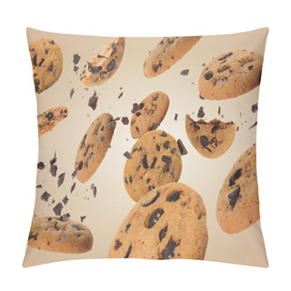 Personality  Tasty Chocolate Chip Cookies Falling On Pale Light Brown Background Pillow Covers