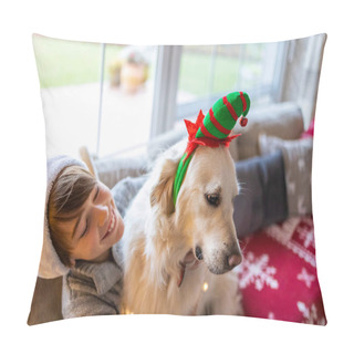 Personality  Boy And His Dog Enjoying Christmas Together At Home  Pillow Covers