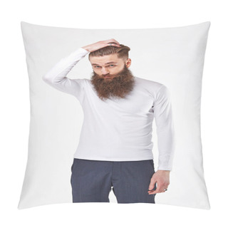 Personality  Young Bearded Man Posing In Studio In Trendy White Long-sleeve  Shirt With Print And Blue Chinos Pillow Covers