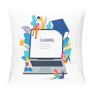Personality  E-learning Concept Illustration. Big Laptop With A Square Academic Cap Pillow Covers