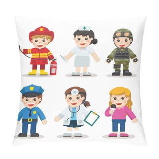 Personality  Kid Set Of Different Professions. Doctor, Nurse, Soldier, Journalist, Police, Fireman. Vector Illustration In A Flat Style Pillow Covers
