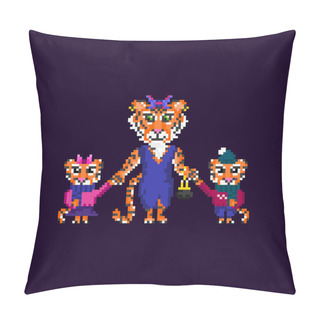 Personality  Pixel Tiger On Dark Background. Cute Tigers In Funny Suits. New Year Symbol.Vector. Pillow Covers